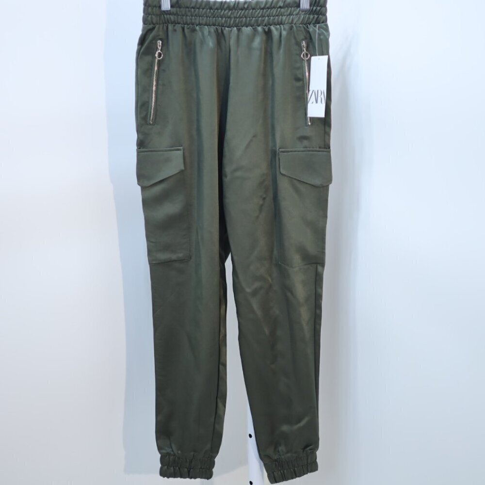 ZARA Olive Green Satin Cargo Joggers  Size XS